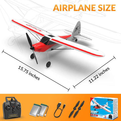 Sport Cub 4CH RC Plane For Beginners With Six Axis Gyro Stabilizer, red model with dimensions, remote, and accessories shown