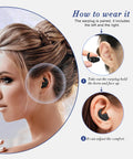 Woman inserting Ultra Soft Silicone Ear Plugs For Sleeping And Travel On The Go Reusable Noise Canceling Ear Protection Waterproof