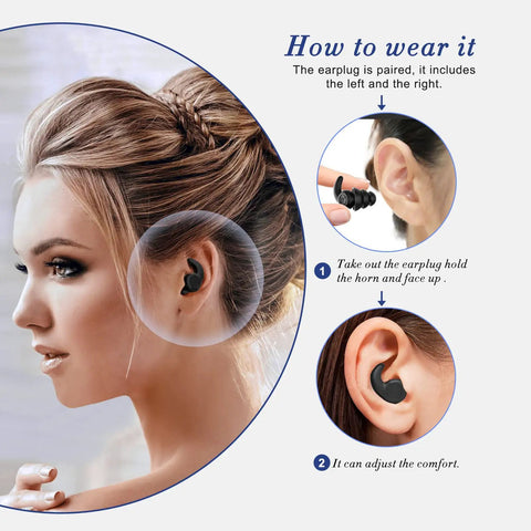 Woman inserting Ultra Soft Silicone Ear Plugs For Sleeping And Travel On The Go Reusable Noise Canceling Ear Protection Waterproof