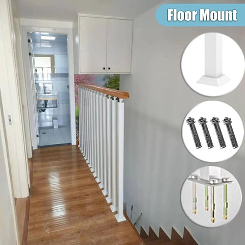 Matte White Square Metal Railing Post For Indoor And Outdoor Deck Stair Handrail Baluster Floor Mount With Adjustable Angle Bracket Knockout Finish No Sweat Setup 1 Piece in a hallway.