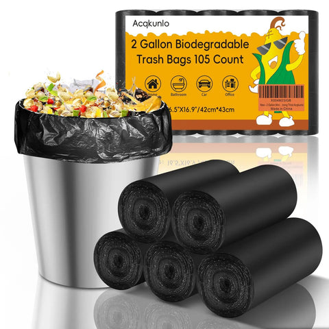 2 Gallon Biodegradable Mini Trash Bags Unscented Black Liners For Bathroom Kitchen Office Car Small Waste Baskets 105 Count Compostable Heavy Duty Bulk Pack For Eco Friendly Cleanup