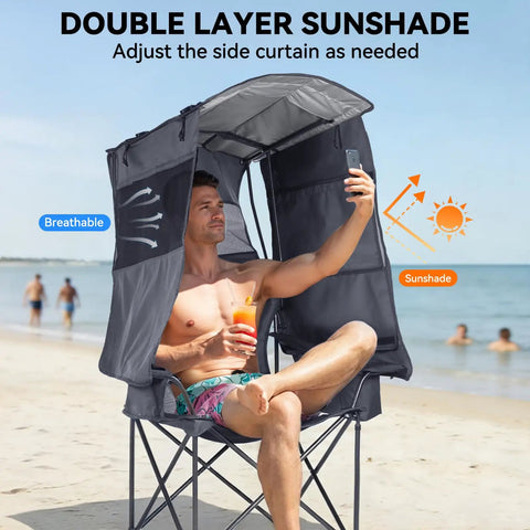 Grab And Go Camping Chair With Canopy Shade And UPF Fifty Plus Protection on beach, man sitting with drink in chair, gray color