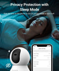 Woman sleeping next to 2K Indoor Security Camera System With 360 Degree Coverage, Smart Baby Monitor And Pet Camera showing privacy mode screen.