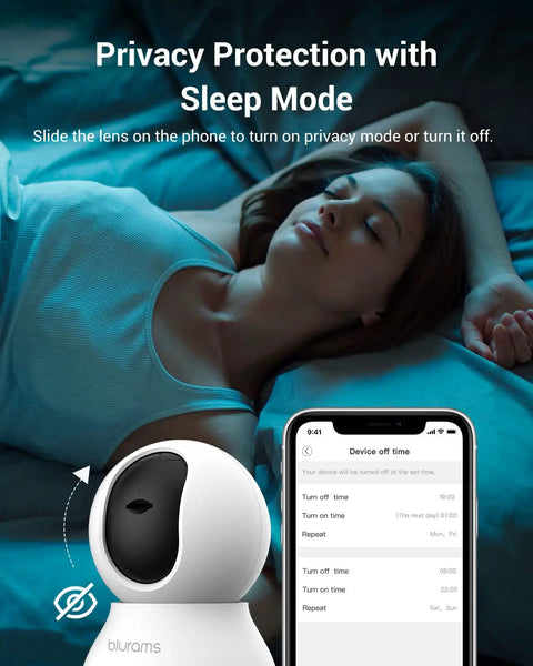 Woman sleeping next to 2K Indoor Security Camera System With 360 Degree Coverage, Smart Baby Monitor And Pet Camera showing privacy mode screen.