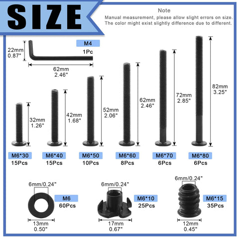 181Pcs M6 Hardware Kit All In One For Wood Furniture And Baby Crib Screws Set With Hex Socket Cap Bolts Sizes Diagram