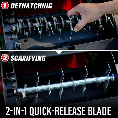 Close-up of 2-in-1 quick-release blades on 15-Inch 2-In-1 Electric Dethatcher And Scarifier with removable 5-position height.