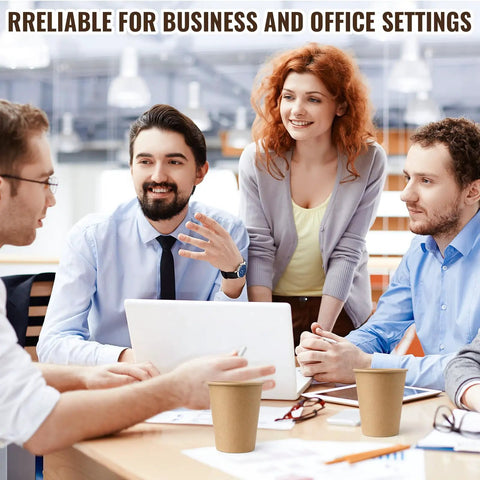 Four colleagues discussing around a conference table with 300 Count 8 Oz Unbleached Kraft Paper Cups Disposable Coffee Cups For Hot Or Cold Drinks Leak Resistant And Sturdy Ideal For Parties Home Or Office Use prominently visible.