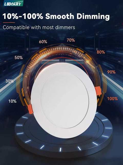 10% to 100% dimmable feature of 6 Inch Recessed LED Downlight With Junction Box, 6 CCTs From 2500K To 5000K, 1100 Lumens