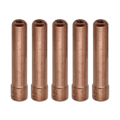 Five 13N22 collets from the TIG Gas Lens Collet Body Set for WP 9 20 25 Torch, a real workhorse, for 1/16 inch tungsten electrodes.