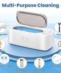 48 Kilohertz Ultrasonic Cleaning Machine For Jewelry Glasses Earbuds Dental Plates And Watch Straps Packs dual settings 400ml capacity with visible eyeglasses and necklace.