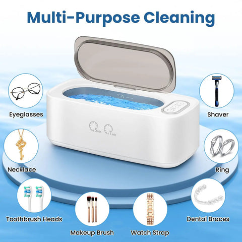 48 Kilohertz Ultrasonic Cleaning Machine For Jewelry Glasses Earbuds Dental Plates And Watch Straps Packs dual settings 400ml capacity with visible eyeglasses and necklace.