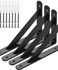 Heavy Duty Shelf Brackets 8 Inch By 5 Inch Wall Mount L Shaped Steel Brackets For Floating Shelves Black 4 Pack With Pre Drilled Holes And Included Mounting Hardware, screws and plugs displayed