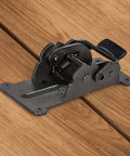 Kickass Pair Of Steel Folding Brackets With Dead Nuts Self Locking Design For Tables Workbenches and Sleeping Platforms, side view on wood.