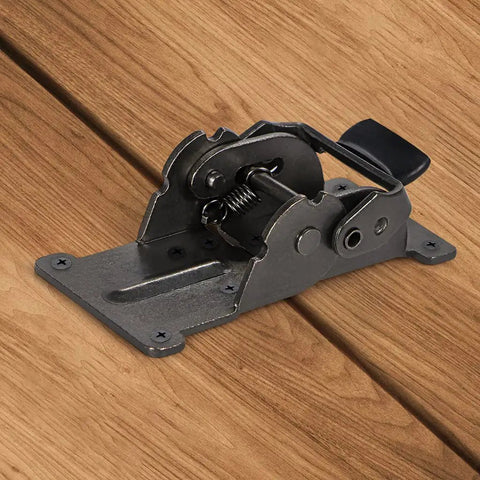 Kickass Pair Of Steel Folding Brackets With Dead Nuts Self Locking Design For Tables Workbenches and Sleeping Platforms, side view on wood.