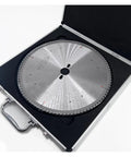 Industrial Grade Top Tier Tungsten Carbide Tct Circular Saw Blade 12 Inch 96 Tooth polished chrome finish in a protective case.