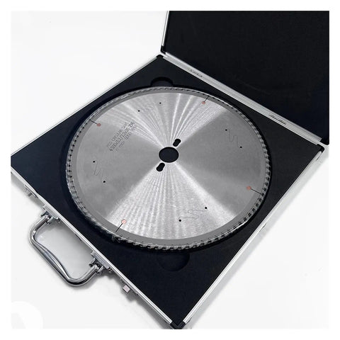 Industrial Grade Top Tier Tungsten Carbide Tct Circular Saw Blade 12 Inch 96 Tooth polished chrome finish in a protective case.