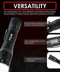 LED Tactical Flashlight PTAC1000 Two Pack With One Mode Operation, featuring zoomable beam, aluminum alloy body, removable clip.