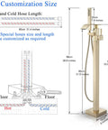 Diagram of Gold Polished Floor Mounted Tub Filler Faucet with Handheld Sprayer showing measurements and hose customization options.