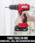 Tough As Nails 20V Brushless Cordless Hammer Drill Kit with quick charge battery, being held and used for drilling.
