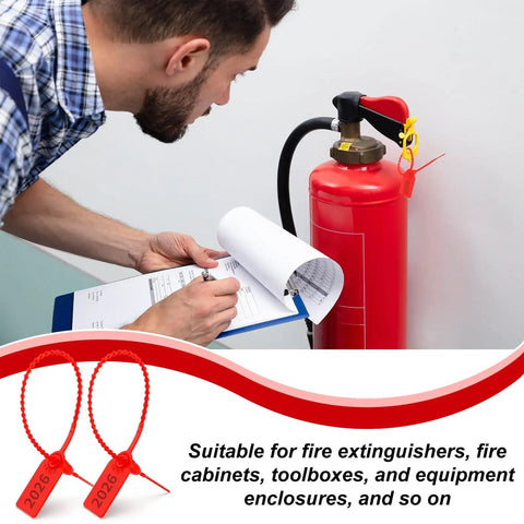 1000 Pack Plastic Tamper-Evident Security Seals With Self-Locking Pull-Tight Zip Ties attached to fire extinguisher