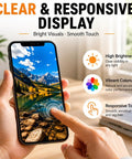 Person holding iPhone XR displaying vibrant landscape, showcasing high brightness, vibrant colors, and responsive touch features.