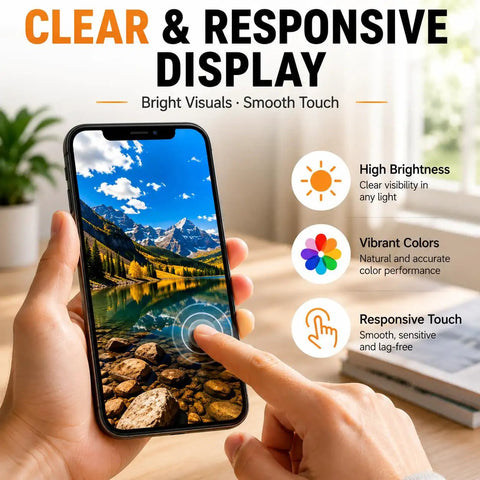 Person holding iPhone XR displaying vibrant landscape, showcasing high brightness, vibrant colors, and responsive touch features.