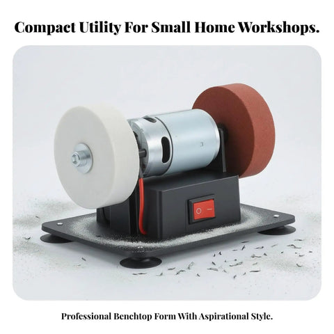Rock Solid 150W Desktop Electric Grinding Machine Featuring Hella Strong Dual Spin Polisher for steady deburring tasks on a workbench.