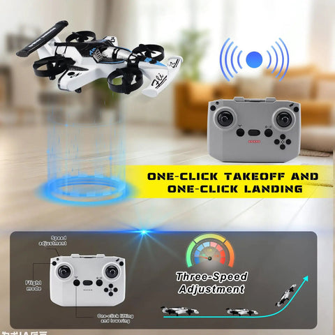 2 In 1 Flying Car And Stunt Drone Dual Mode RC Quadcopter And Racing Drift Vehicle Indoor Micro Remote Control Toy For Boys Aged 14 And Up White Durable Build For Tough Play With Gyro Stabilized Flight And Easy Mode For Beginners shown with remote control and takeoff feature