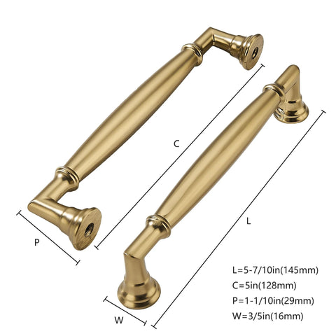 5 Inch Brushed Brass Cabinet Pulls 10 Pack, heavy duty solid warm gold handles for cabinets, center to center 5 inch measurement guide