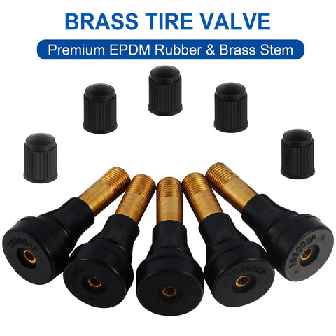 Front view: five brass ST Shengtuo TR600HP snap-in tire valve stems with black caps, pack of 5