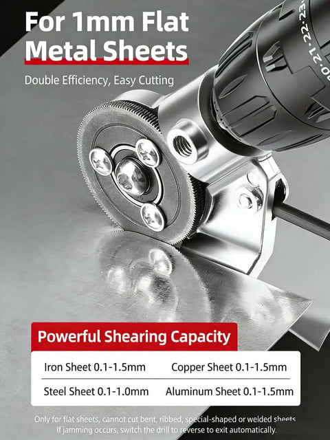 Drill Nibbler Sheet Metal Cutter Attachment for Electric Drills cutting 1mm flat metal sheets, shown in use