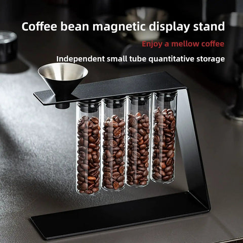 Glass Coffee Bean Storage Tubes Set Of Six With One Way Degassing Valve And Magnetic Stand And Single Dose Espresso Dosing Vials on display.