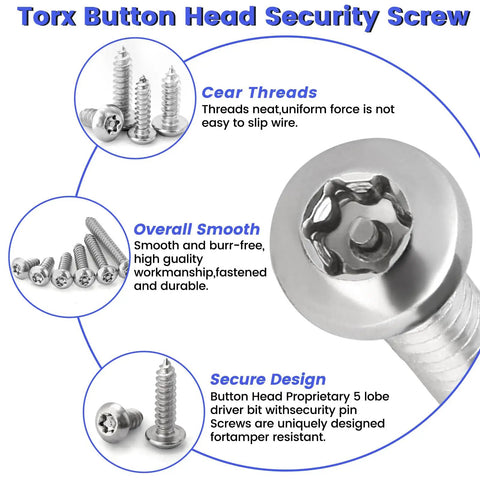 Beefed Up 214 Piece Button Head Torx Security Screws Kit with stainless steel smooth button head screws for secure fastening.