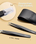 Two Pack Slant And Point Tip Tweezers Set For Eyebrows And Ingrown Hair Removal with protective case and tip covers.
