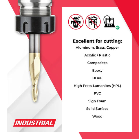 Up Cut Spiral CNC Router Bit for DIYers and Pros Carving in 2D and 3D with ZrN Coating, excellent for cutting various materials