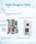 Diagram of brass rough-in valve for Waterfall Bathtub Faucet Kit Wall Mounted Tub Filler With Handheld Shower Spout One Handle
