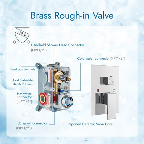 Diagram of brass rough-in valve for Waterfall Bathtub Faucet Kit Wall Mounted Tub Filler With Handheld Shower Spout One Handle