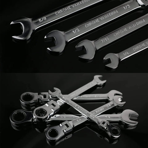 SAE Flex Head Ratcheting Wrench Set One Quarter Inch To Three Quarter Inch Go-To Heavy-Duty 72-Tooth Narrow Space Wrenches In Chrome Vanadium Steel With Organizer Bag