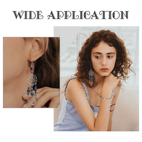 Woman wearing blue beaded earrings demonstrating wide application of 600pcs Flower Spacer Beads Daisy Metal Spacers Antique Silver Petal Beads