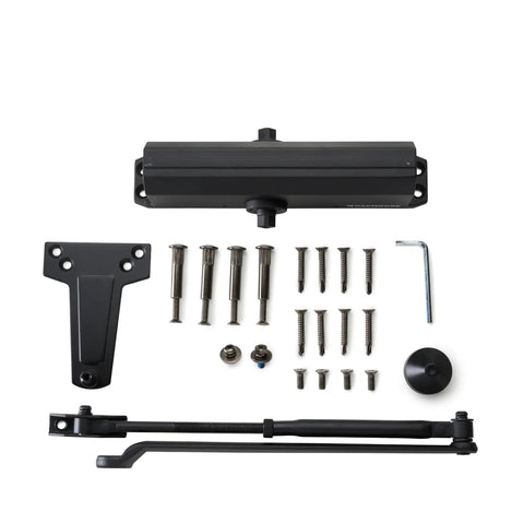 Heavy Duty Commercial Door Closer Built Like a Tank for High Traffic Spaces with Ada Compliant UL Grade One Rating Hydraulic Pneumatic Dual Actuator Soft Close Runs Slick Every Time Zero Slam Nonsense Black parts and installation kit