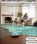 LiDAR Robot Vacuum And Mop With 10000Pa Suction 75 Day Self Emptying Base 360 Degree Mapping 240 Minute Runtime Perfect For Pet Hair And Carpets WiFi Alexa App Control M2S Plus shown in a living room with a couple and dog.