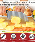 JAYVAR large stainless steel crinkle cutter wave potato slicer with black handle, slicing fries on a cutting board