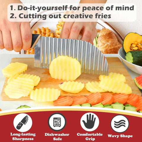 JAYVAR large stainless steel crinkle cutter wave potato slicer with black handle, slicing fries on a cutting board