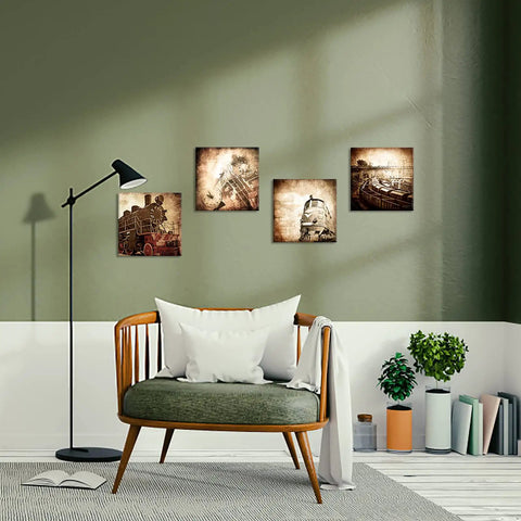Four Piece Old Train Canvas Wall Art Set With Brown Locomotive Retro Steam Painting Vintage Vehicle Poster Oil Painting Artwork Framed for living room decor