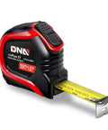Compact black and red tape measure, 25 ft length, extended metal tip showing measurements, ideal for accurate personal use.