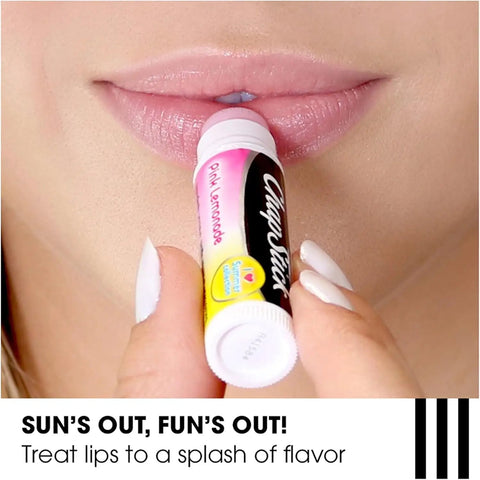 Applying Pink Lemonade lip balm for moisturizing lip care, part of Sweet Watermelon Lip Balm Trio, 0.15 oz each, three pack.