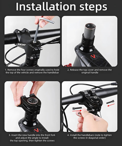 Installation steps for Dope Bike Stem For MTB E-Bike And Road Bikes, showing tool-free setup on a 31.8mm handlebar and 1-1/8 inch fork.