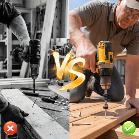 Comparison of two drilling methods using No Sweat Quick Grab Magnetic Depth Stop Bit Holder For Impact Driver And Power Drill.