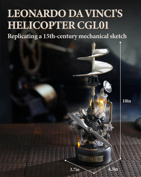 Leonardo Da Vinci Helicopter 3D Puzzle For Adults desk model, 10in tall, metal and plastic, with light effects