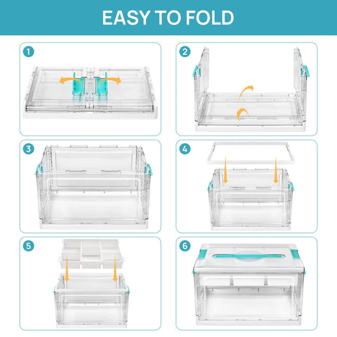 Assembly guide for Big 24 Qt Clear Plastic Craft Organizer With Removable Trays And Dividers, showing fold and unfold steps